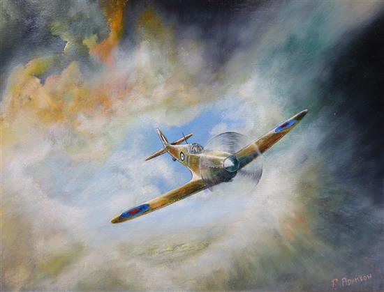 R Adamson, oil on canvas, spitfire amid clouds, 34.5 x 46cm